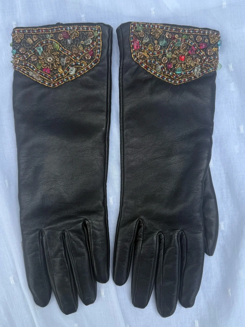 Vintage Beaded Cuff Genuine Leather Gloves Dark Brown Statement Accessories M